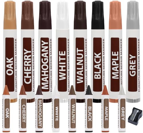 17 Pcs Furniture Repair Kit, SPOKKI 8 Pcs Furniture Repair Wax Sticks, 8 Wood Filler Touch Up Markers Pens & a Sharpener for Furniture Tables Desks Floors Bed Cabinet Stains Scratches Touch-Ups Repair