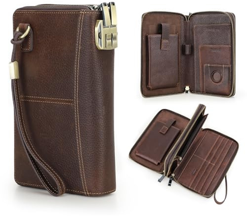 Contacts Pochette de voyage en cuir véritable pour homme avec dragonne, portefeuille pour passeport avec blocage RFID, sac à main de grande capacité, marron, Café-1044
