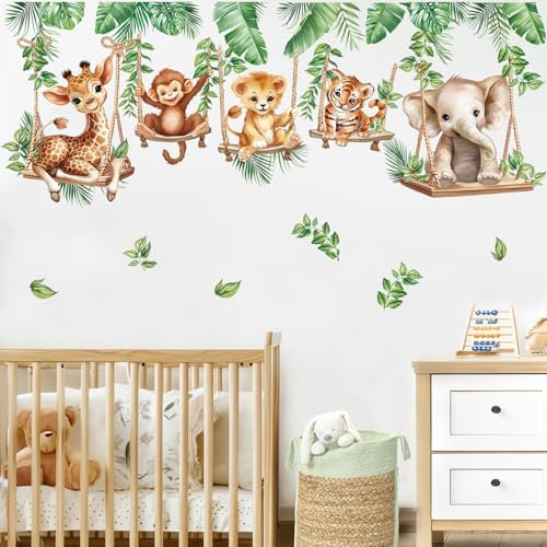 wondever Stickers Muraux Animaux de la Jungle Tropicales Vigne Autocollants Muraux Mural Stickers Safari Éléphant Singe Lion pour Chambre Enfants Bébé Pépinière Salon
