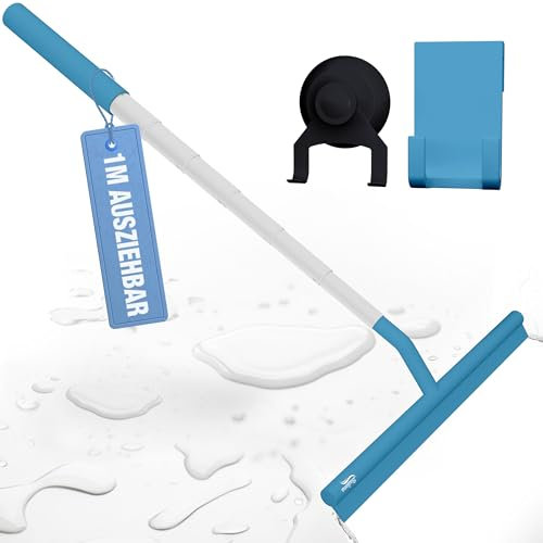 BADIONA Rasqueta limpiacristales Silicona Azul - con Ventosa & telescópica hasta 100 cm I Limpia Cristales Accesorios baño I Limpiar mamparas de Ducha Cristal I Squeegee Limpiador Limpa vidros