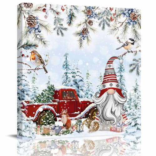 Christmas Framed Canvas Wall Art for Living Room Gnome Red Truck Wall Decor, Berry Pinecone Robin Bird Xmas Tree Aesthetic Paintings for Kitchen Bedroom Bathroom, Ready to Hang Wall Pictures 16x16