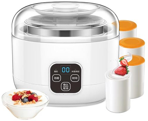 Yaourtière avec contrôle de minuterie et passoire – Machine à yaourt compacte de 1 L pour yaourt grec, fromage – Doublure en acier inoxydable, contrôle constant de la température – Comprend 4 tasses