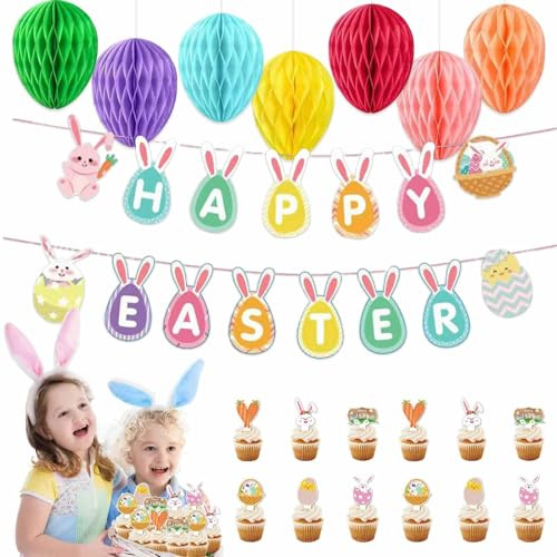 Banderines Pascua Decoracion, Pancarta de Pascua Guirnalda Adornos Pascua - Kit de Decoración para Pasteles de Pascua Completo con Conejos, Huevos y Bandera de Feliz Pascua
