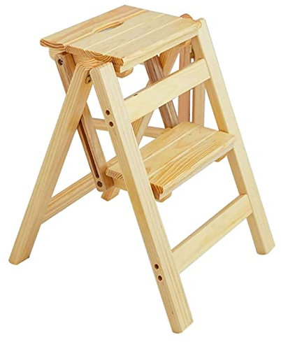 Robuste Holzleiter mit 2 Stufen, mit rutschfestem breitem Pedal, zusammenklappbar, Küchenhocker für Erwachsene, rutschfest, große Stufen, hält bis zu 150 kg, stabil und tragbar, zusammenklappbar