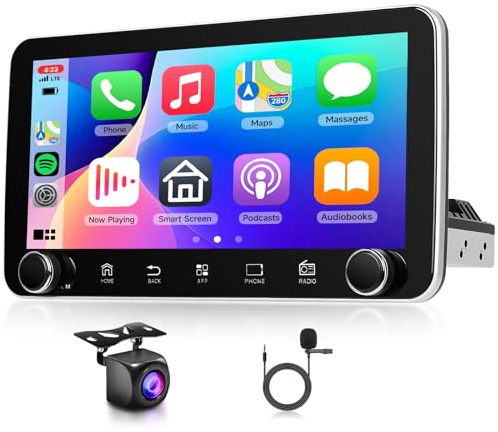 2G 64G Android 13 Radio de Coche 1 DIN Carplay Android Auto Inalámbrica 10,36 Pulgadas IPS 360° Pantalla Giratoria con Mirror Link WiFi Bluetooth GPS FM/RDS Control del Volante Cámara Trasera