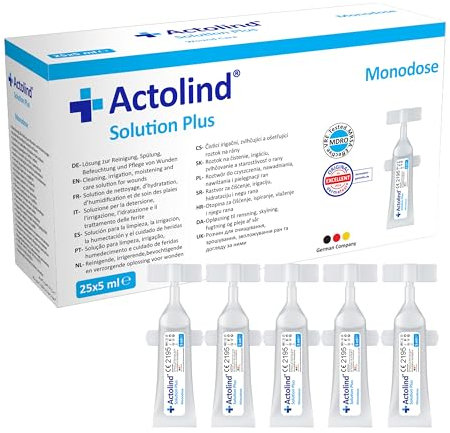 Actolind Solution Plus Monodose 25x5ml – solución antiséptica para lavado de heridas.Limpieza e hidratación indolora de heridas agudas,crónicas,infectadas y quemaduras.CE clase III según MPG.Con PHMB.