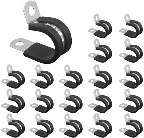 20Pcs Stainless Steel Rubber R Shape Clamps, P Clips With Rubber Lining, 16mm Conduit Clips for Cable, Cord, Wire, Hose and Tube