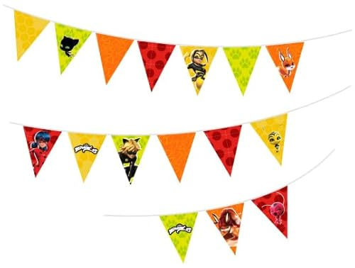 3m Wimpelkette * Miraculous Ladybug * als Deko zur Mottoparty und Kindergeburtstag | Größe: 300 x 16cm, aus Karton, mit Befestigungsschnur | Superheldin Party Geburtstag Kinder