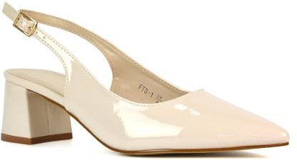 Womens Court Shoes Ladies Block Low Heel Point Toe Slingback Evening Beige Patent Classic Pumps Shoes Size 8