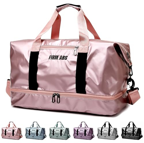 LEcylankEr Bolsa Deporte Grande con Compartimento para Zapatos, Bolsa de Viaje Impermeable para Mujer, Bolsa Gimnasio con Mojados Compartimento para Entrenamiento Viajes Compras (Plata) (Rosa)