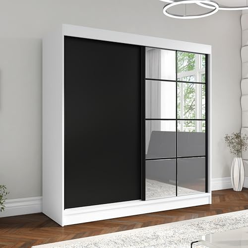 A&J MöbelLand Schwebetürenschrank TAVIRO Kleiderschrank 2-türig mit Schubladen und Spiegel, Garderobe 200 cm (Weiß/Schwarz)
