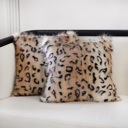 inchgrass Housses de Coussin Décoratif Léopard à Poils Longs 45x45 cm - Lot de 2 Housses Luxe et Ultra Douces pour Canapé & Lit, Housses Déco Salon en Fausse Fourrure