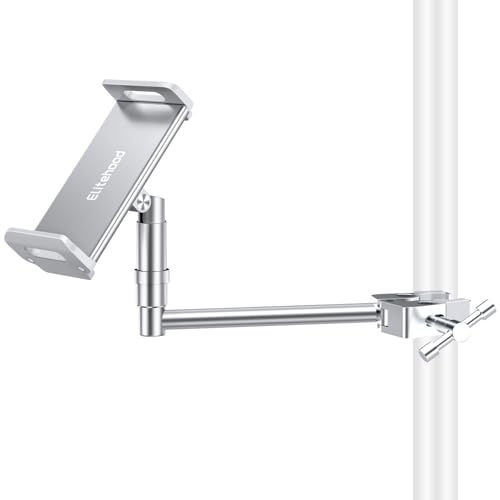 elitehood Aluminium iPad Halterung Mikrofonständer, Seite Tablet Halter Mic Ständer, Verstellbarer 360° Drehbar Tablethalter Mikrofon Ständer mit iPad Pro 12.9, Air, Mini, Mehr 4-12.9”Geräte - Silber