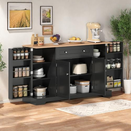 Wyibwy Moderno Buffet da cucina multifunzionale, Credenza Cucina con 1 cassetti,4 ante e ripiani regolabili,con protezione antiribaltamento,138×40×85cm,per cucina,soggiorno,sala da pranzo,Nero