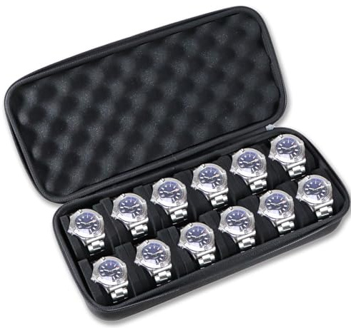 Juntan Custodia rigida da viaggio per orologi con 12 scomparti, in nylon, con cerniera, organizer per uomini e donne, con morbido cuscino in schiuma comprimibile nera