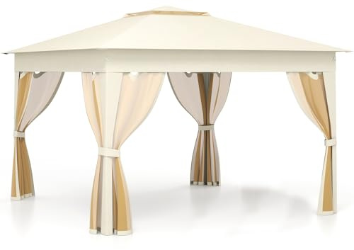 GOPLUS Cenador Plegable Exterior 338 x 338 CM, Carpa de Jardín con de Doble Techo, Altura Ajustable 2,4/2,5/2,6 M, Laterales de Malla y Bolsa de Transporte (Beige)