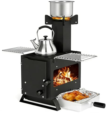 SPOTRAVEL Portable Wood Stove, Camping Burning Stove (54 x 36 x 44cm) | with Oven Pan, 2 Grills, 3 Cooking Positions, Anti-scalding Door Handle, Glass Window, Hot Tent Stove for Picnic Hiking