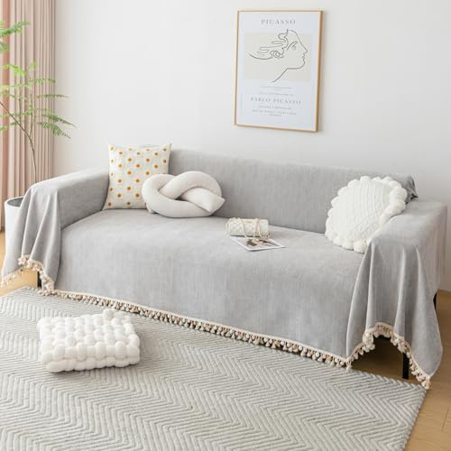 VanderHOME Manta Sofa Verano Pure Colour - Manta de Chenilla Multifuncional, Cubre Sofas, Manta Suave con Borlas Decorativas, Transpirable y Ligera para Sofá, Cama y Viaje 230 * 340cm-Gris Claro