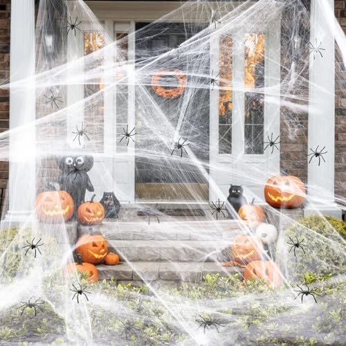 Wonarby Spider Web Halloween Decorations Outdoor - 1000 sqft Cobweb 300g with 60 Fake Spiders - Scary Spider Webs for Halloween Party Decor Indoor and Outside, Haunted House Garden Lawn Yard Tree