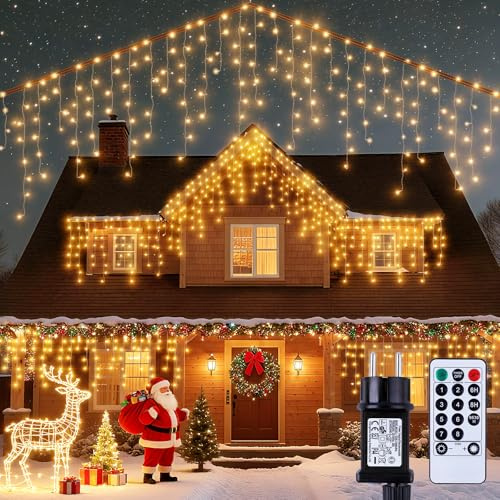 UODIR Luci a Ghiacciolo Esterno, 7.5M 306 LED Luci Natalizie Esterno con Timer 8 Modalità, IP44 Impermeabile Luci Esterno per Casa Balcone Finestre Decorazioni Natalizie Bianco Caldo