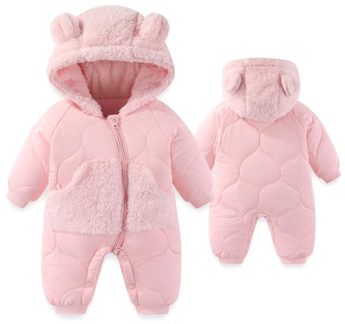 JiAmy Baby snödräkt, småbarn fleece vinter snödräkter björn huva fotsparkdräkt tecknad baby flickor pojkar kläder kläder kläder för 3-24 månader, Rosa, 3-6 Months