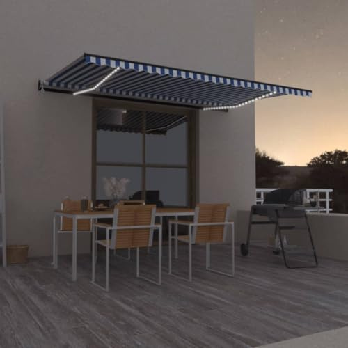 Tenda da Sole Automatica con LED e Sensore Vento, Alluminio e Tessuto Poliestere, Telecomando Incluso, per Giardino Balcone Terrazzo, Blu e Bianco, 500 x 300 cm
