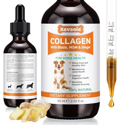 Kollagen hund, collagen för hundar, flytande kollagen för hundar, främjar ledens hälsa och rörlighet, lindrar hudallergier och klåda, stöder hälsan hos leder, hud och päls