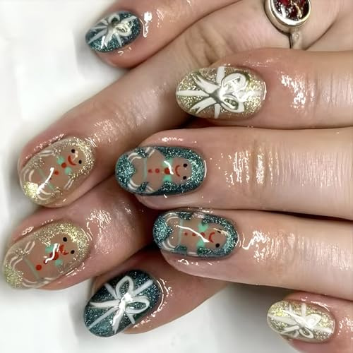 Lot de 24 faux ongles à coller sur ongles artificiels brillants pour fête de Noël