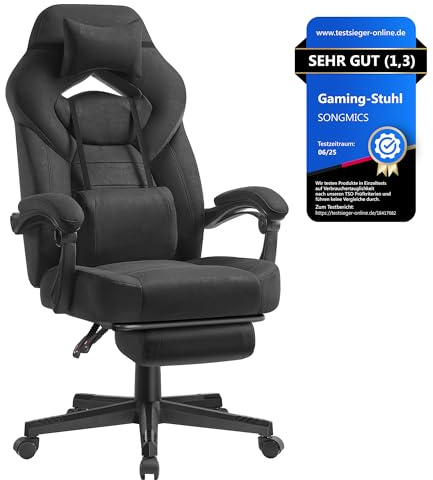 SONGMICS gamingstol, kontorsstol, datorstol, ergonomisk design, med fotstöd, justerbar huvudkudde, svankkudde, lastkapacitet 150 kg, bläcksvart OBG077BH21