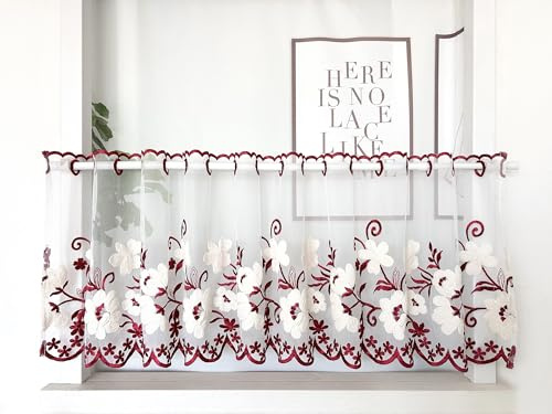Daliena Scheibengardine Blumen Stickerei Kurzgardine BxH 100x60cm Rot | Transparent Bistrogardine Modern Kurzstore mit Lochleiste Küchengardinen Landhaus, Gardinen für Kleinfenster 1 Stück