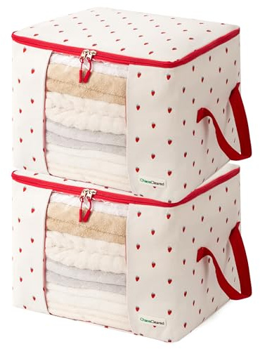 Chaos Cleared Canvas Storage Bags Designer Organizer 2 Pack – Seasonal Storage for Sweaters, Blankets, Linens & Garments – Foldable Design with Zip & Window (Strawberry Print)