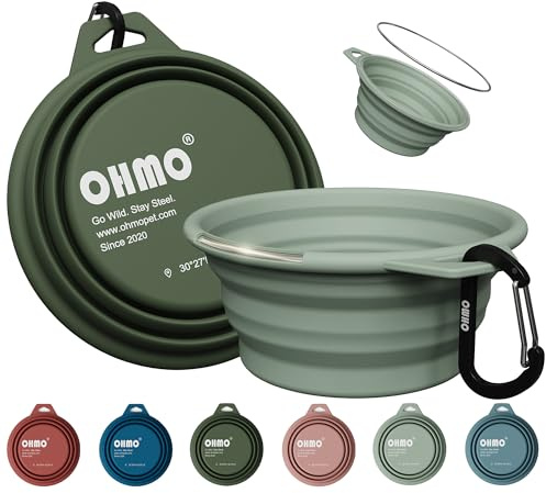 OHMO Hundskål vikbar med rostfri ring, 2 stycken 350 ml premium silikonskål för hundar och katter, robusta reseskålar för utomhus, camping, vandring