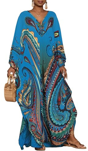 Bsubseach Kaftan Dresses for Women Ethnic Print Plus Size Beach Cover Ups Batwing Sleeve Caftans with Pockets Blue
