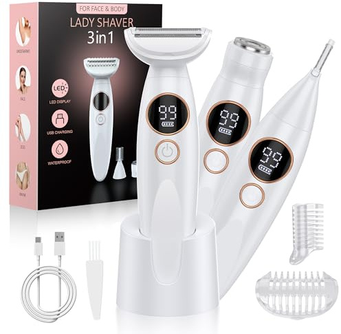 Bikini Trimmer Women, Waterproof 3-in-1 Lady Shavers for Women - Painless Electric Razor for Face, Body, Legs & Underarms with LED Battery Display, 120min Runtime, IPX7 Washable & USB Dock