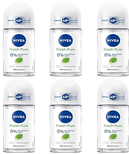 6x NIVEA Fresh Pure Deo Roll-On Deoroller mit Jasminduft,Deodorant ohne Aluminium (ACH) und Ethylalkohol Schutz und Pflege, Derma 48h Aktiv-Schutz 50ml (6er Pack)
