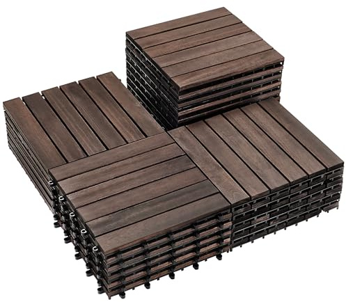 PrimeZone 27 PCS Solid Acacia Wood Interlocking Patio Deck Tiles - 12 x 12 Outdoor Waterproof Flooring Decor for Balcony, Backyard, Garden & Poolside, All Weather Use, Dark Brown