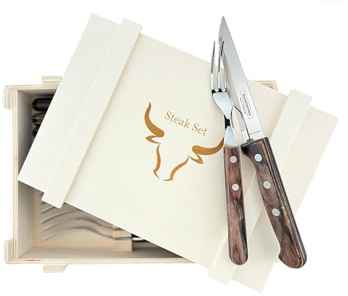 Mythos Kitchen Steak Besteck in Holzkiste für Tramontina GAUCHO 12-tlg - Geschenk (Box), Verpackung - Box:12-tlg -Geschenk (Box) Braun