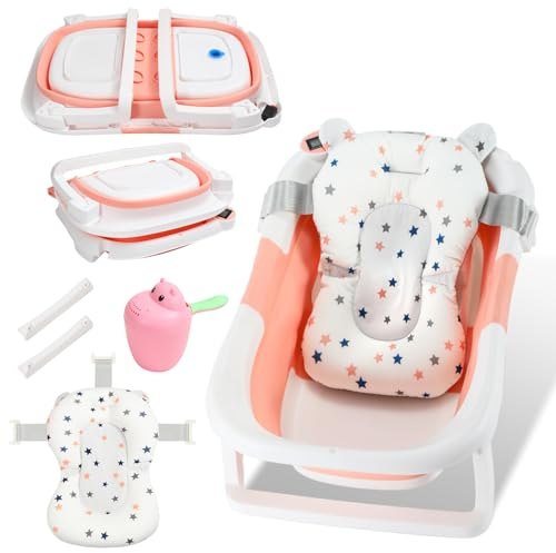 Eikuavons Babywanne faltbar Babybadewanne Baby Wanne platzsparend und stabil, doppelt klappbar mit Badekissen, rutschfestes Design, Temperaturanzeige Wasserstopfen Rosa