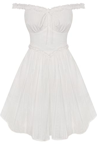 SCARLET DARKNESS Vestido renacentista para mujer, con volantes, sin mangas, cuello en V, hombros descubiertos, vestido corto de corsé de verano, blanco, M