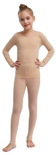 Linjinx Set Intimo Termico Bambina Color di Carne Tuta Termica da Danza Classica Balletto Maglia a Manica Lunga & Elastico Collant Biancheria Intima Termica Tipo A Nudo 7-10 Anni