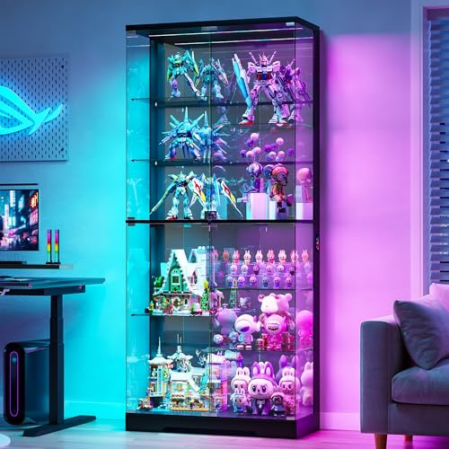 Gurexl 180cm Glass Display Cabinets with RBG Lights for Collectibles,Black