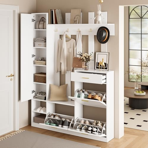 Ojjxh Garderobenset Wandgarderobe, Flurgarderobe Set mit Kippfach Schuhkippern und Spiegel, Garderoben Set mit Haken, Türen und Schublade, Kompaktgarderobe, Weiß Flurschrank für Flur, 133x23,5x180cm