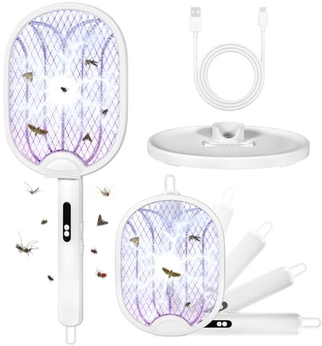 Raqueta Mosquitos Electrica Mata Mosquitos Electrico Plegable 2 en 1 4000V 1800mAh USB-C Recargable Matamoscas Electrico de Luz UV Blanco