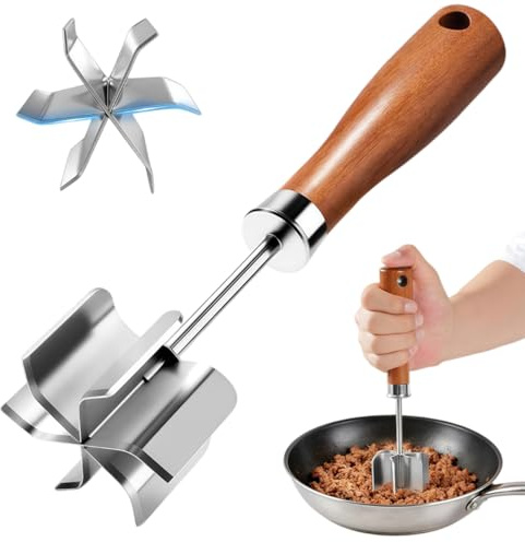 Ceriselle Picador de Carne, Machacador de Patatas con 6 Cuchillas, Picador & Machacador de Cocina con Mango de Madera, Picador Manual Resistente al Calor
