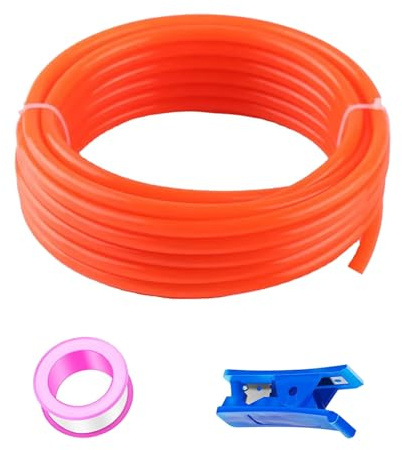 HUAZIZ 50 m orange PU pneumatisk slang, pneumatisk polyuretanslang, flexibel tryckluftsslang, yttre 8 mm x inre 5 mm + 1 st blå slangskärare + 1 st rosa teflonband