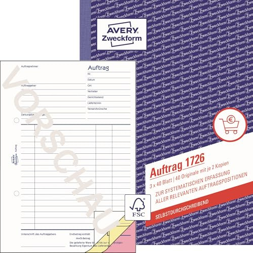 AVERY Zweckform 1726 Auftrag (A5, 3x40 Blatt, selbstdurchschreibend mit farbigen Durchschlägen, zur systematischen Erfassung aller relevanten Auftragspositionen) weiß/gelb/rosa