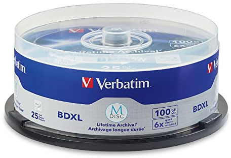 Verbatim M DISC BDXL 100GB 6X with Branded Surface Blank Blu-Ray Recordable Media – 25pk Spindle