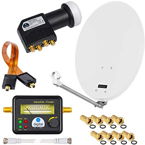 Sistema de satélite digital HD de 60 cm, espejo de aluminio, aluminio + Quad LNB negro, 4 participantes para recibir señales DVB-S/S2 Full HD Ultra HD UHD + localizador de satélite + pasaventanas +
