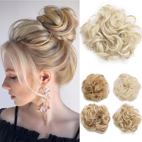 TESS Haarteil Dutt Blond mix Haargummi mit Haaren Gewellt Kleine Haarknoten Hochsteckfrisuren günstig Haarverlängerung Extensions für Frauen 30g Ombre Hellgoldblond/Blond