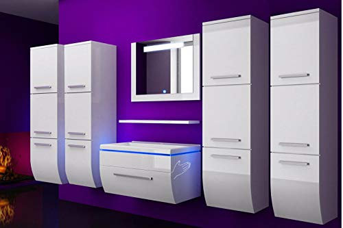 Homeline Badmöbel Set Weiss 210 cm Hochglanz Waschbecken Spiegel Komplett Bad Led System.